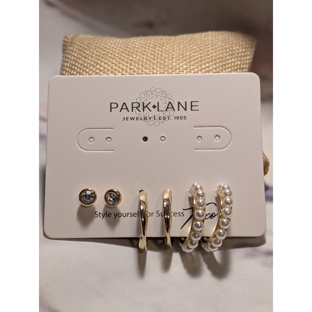 Park Lane 3 Pair Gold Tone Earrings Set Crystal Stud Pearl Hoop Classic Hoop